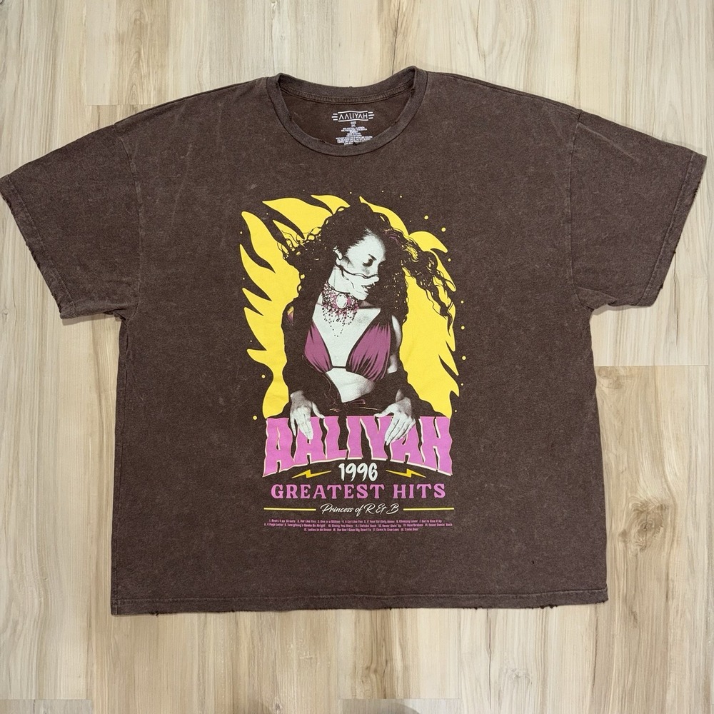 Vintage Aaliyah 1996 Brown T-Shirt Graphic Print Logo Men's Size 2XL